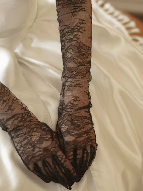 Gothic Black Lace Gloves – Long Floral Lace Gloves